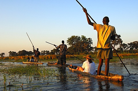 Punters with tourists in the traditional Mokoro dugout canoes on excursion in the Okavango Delta, Botswana, Africa