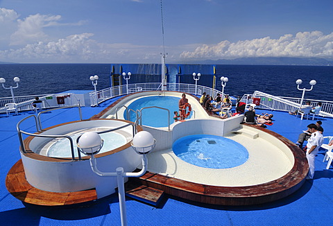 Swimming pool on the sun deck of a car ferry, sailing between Italy and Greece, Minoan Lines, Mediterranean, Europe