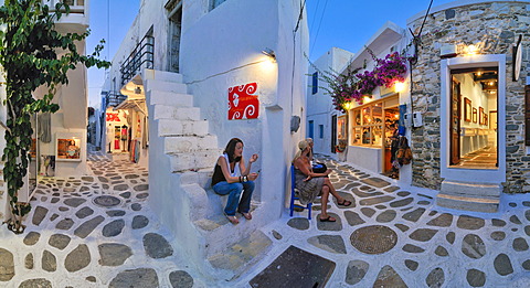 Panorama of an alley in Mykonos, Cyclades, Greece, Europe