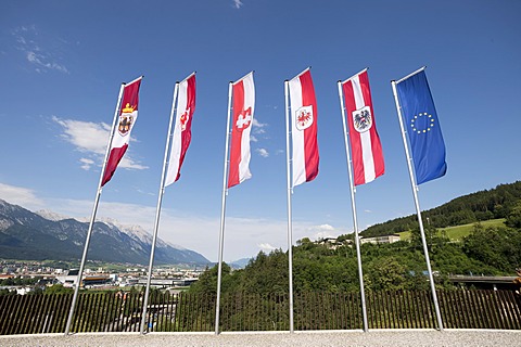 Flags on the forecourt of the "Tirol Panorama" Museum at Bergisel, Innsbruck, Tyrol, Austria, Europe