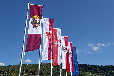 Flags on the forecourt of the "Tirol Panorama" Museum at Bergisel, Innsbruck, Tyrol, Austria, Europe