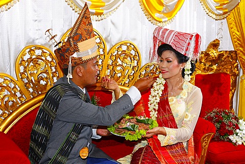 Bride and groom, traditional mutual feeding, wedding ceremony, Siantar, Batak region, Sumatra, Indonesia, Asia