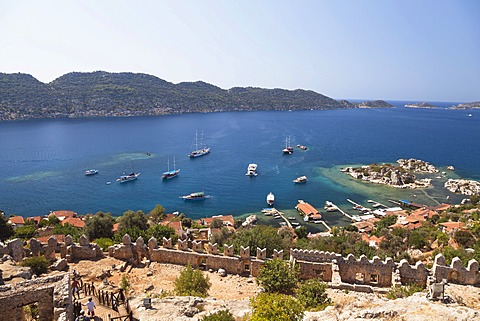 Byzantine castle of Kalekoey, ancient city of Simena, view of the sunken city of Kekova, Lycian coast, Lycia, Mediterranean Sea, Turkey, Asia Minor