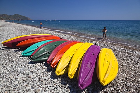 Kayaks on the beach of Olympos, Lycian coast, Lycia, Aegean, Mediterranean Sea, Turkey, Asia Minor