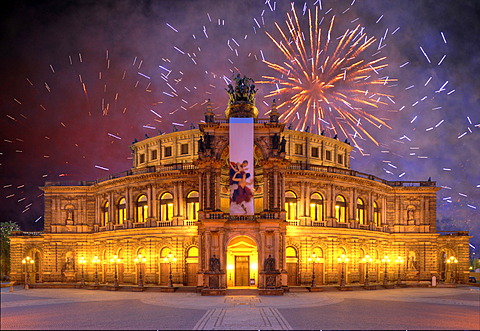 Semperoper opera, with banners, at Theaterplatz square, fireworks, Dresden, Saxony, Germany, Europe