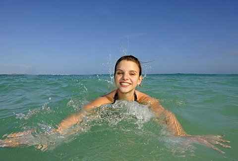 Young woman in the sea, Playa Bajo Negro beach, Corralejo, Fuerteventura, Canary Islands, Spain, Europe