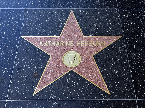 Terrazzo star for the artist Katharine Hepburn, film category, Walk of Fame, Hollywood Boulevard, Hollywood, Los Angeles, California, United States of America, USA, PublicGround