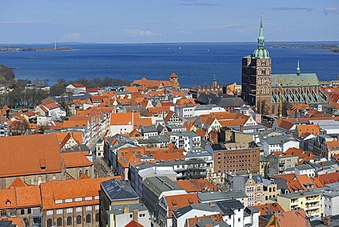 View from St. Mary's Church over the historic town centre with the Church of St. Nicholas, port and Strelasund, Stralsund, UNESCO World Heritage Site, Mecklenburg-Western Pomerania, Germany, Europe, PublicGround