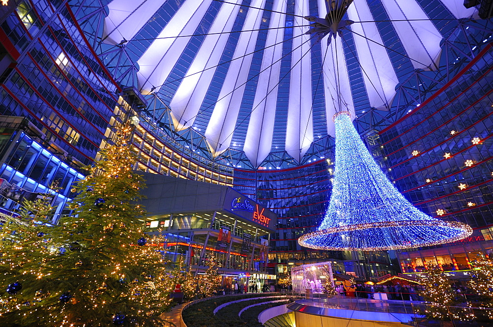 Christmas market, central forum of the Sony Center, Potsdamer Platz square, Berlin, Germany, Europe