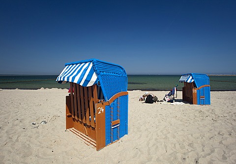 Roofed wicker beach chairs on the beach, Zingst peninsula, Mecklenburg-Western Pomerania, Germany, Europe