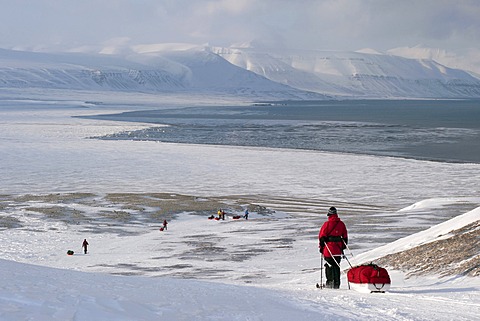 Cross-country skiing with pulkas during the descent to the Sassenfjorden, part of Isfjorden, near Fredheim, in winter, Spitsbergen, Svalbard, Norway, Europe