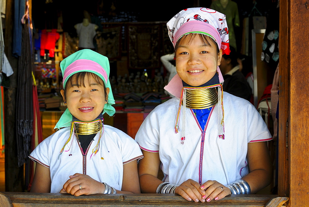 Two young girls from the long-neck Karen or Padaung tribe, Inle Lake, Myanmar, Burma, Southeast Asia, Asia