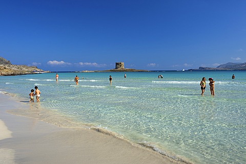 Beach, Torre della Pelosa, coastal defence tower, Stintino, Sardinia, Italy, Europe