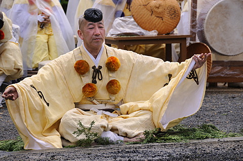 Yamabushi follower, mountain ascetics, Buddhist sect, priest invoking the deity at the fire, Iwakura, Japan, East Asia, Asia