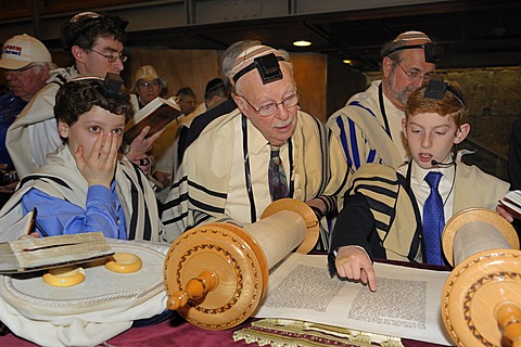 Bar Mitzvah, Jewish coming of age ritual, public reading from the Books of the Prophets, Haftarah, underground part of the Western Wall or Wailing Wall, Old City of Jerusalem, Arab Quarter, Israel, Middle East