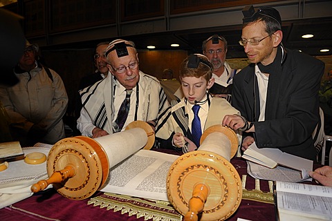 Bar Mitzvah, Jewish coming of age ritual, public reading from the Books of the Prophets, Haftarah, underground part of the Western Wall or Wailing Wall, Old City of Jerusalem, Arab Quarter, Israel, Middle East