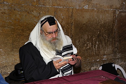 Praying Jew in the underground part of the Western Wall or Wailing Wall, Old City of Jerusalem, Arab Quarter, Jerusalem, Israel, Middle East