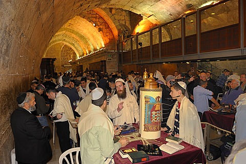 Torah scroll standing on the table for the bar mitzvah, beginning of Jewish adulthood for boys, Wailing Wall, old town of Jerusalem, Israel, Middle East