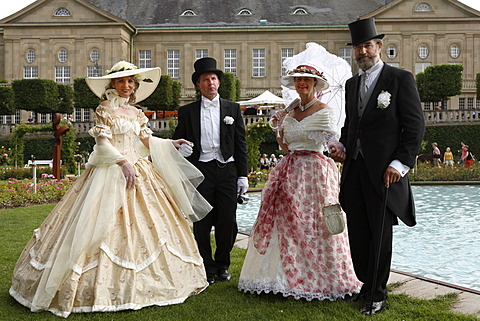 Women and men wearing historical costumes, RÃ¡kÃ³czi-Fest festival, Bad Kissingen, Rhoen, Lower Franconia, Bavaria, Germany, Europe