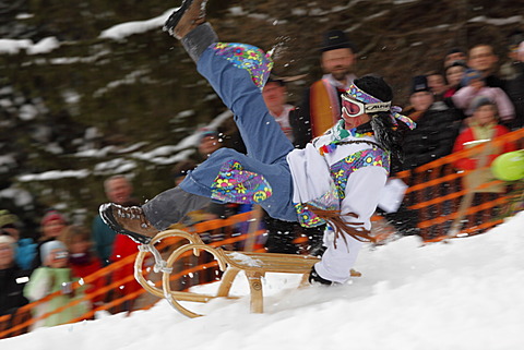 Woman falling off a sled, Gaissach schnabler and sled race, carnival custom, Gaissach, Isarwinkel, Upper Bavaria, Bavaria, Germany, Europe