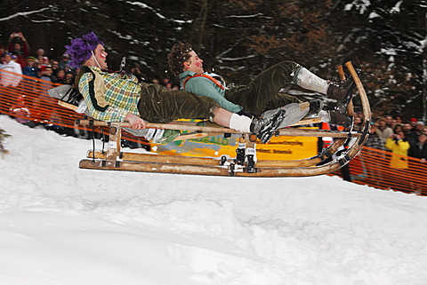 Gaissach schnabler and sled race, carnival custom, Gaissach, Isarwinkel, Upper Bavaria, Bavaria, Germany, Europe