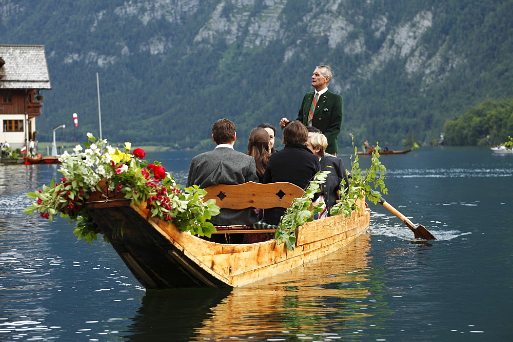 Festively decorated "Plaette" boat, Corpus Christi maritime procession, Hallstatt, Hallstaetter See Lake, Salzkammergut region, Upper Austria, Austria, Europe