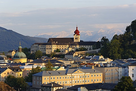 View of Nonnberg monastery and the Cajetan church as seen from Kapuzinerberg mountain, Salzburg, Austria, Europe, PublicGround