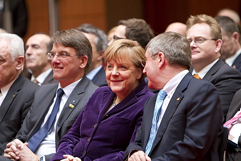 From left to right: Uwe Froehlich, President of the Federal Association of German Cooperative Banks, BVR, Angela Merkel, German Federal Chancellor, Dr. Thomas Bach, President of the DOSB, Goldene Sterne des Sports 2011 award ceremony, Berlin, Germany, Eur