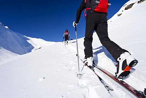 Cross-country skiers during the ascent to Seeberspitz Mountain in the Pflersch Valley above Innerpflersch, Alto Adige, Italy, Europe