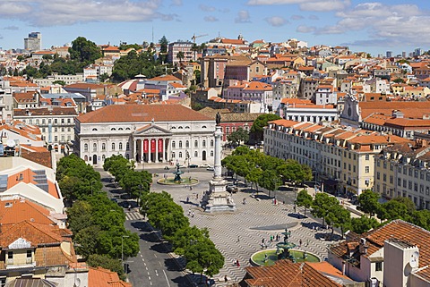 View on Rossio square, Pedro IV Square, Praca de D Pedro IV, with The National Theatre D Maria II, The Column of Pedro IV,and bronze fountains from the terrace of the Santa Justa Lift, Elevador de Santa Justa, Carmo Lift, Elevador do Carmo, Lisboa, Lisbon