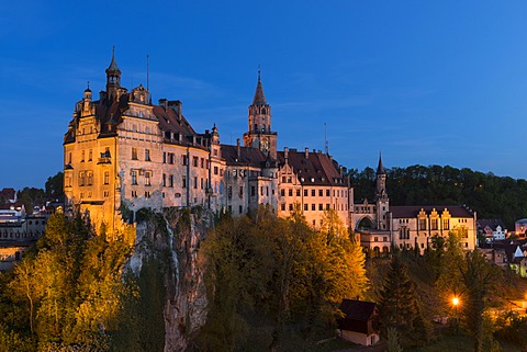 Sigmaringen Castle at dusk, Baden-Wuerttemberg, Germany, Europe