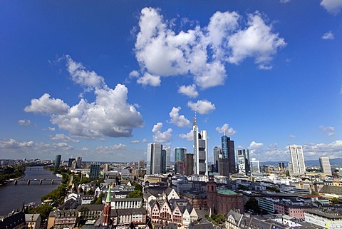 Skyline of Frankfurt with skyscrapers and bank buildings, Main River on the left, Frankfurt am Main, Hesse, Germany, Europe