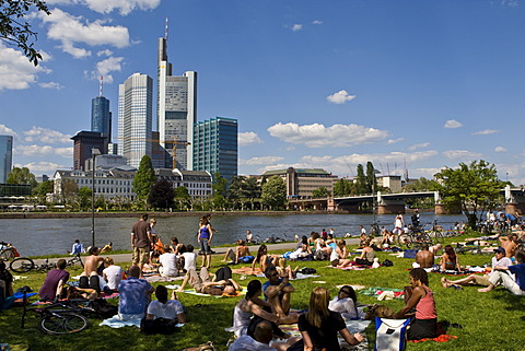 Bank of the River Main with people out in the sun, behind it the banking quarter with the Commerz Bank, Frankfurt, Hesse, Germany, Europe