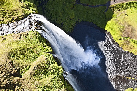 Aerial view, Seljalandsfoss waterfall on the edge of the highlands of Iceland, Europe