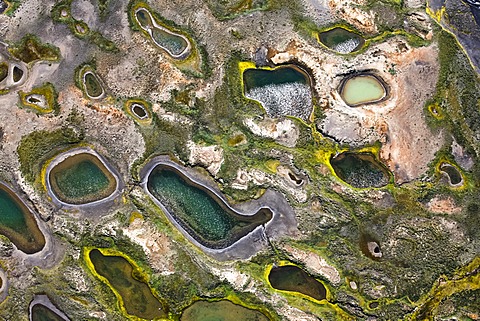 Aerial view, ponds and puddles left by the melting glacier, on the northwestern edge of the Vatnajoekull glacier, Iceland, Europe