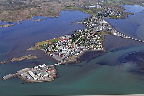 Aerial view, city of Borgarnes on a peninsula in Borgarfjoerdur, Borgarfjoerâˆšâˆžur Fjord, Iceland, Europe