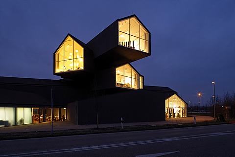 Vitra Haus building, by Herzog & de Meuron, evening mood, with traffic speeding by, architectural park of the Vitra company, Weil am Rhein, Baden-Wuerttemberg, Germany, Europe