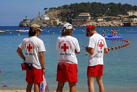 Red Cross lifeguards at the beach of Puerto Soller, Port de Soller, Mallorca, Majorca, Balearic Islands, Mediterranean Sea, Spain, Europe