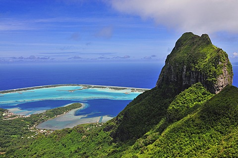 View of the reef, atoll, Motu and Mount Otemanu, from Mount Pahia, Bora Bora, Leeward Islands, Society Islands, French Polynesia, Pacific Ocean