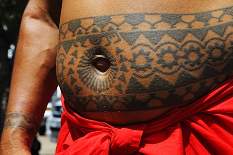 Clan chief of the Gambier Islands, belly covered in tattoos, Papeete, Tahiti, Society Islands, French Polynesia, Pacific Ocean