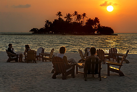 People are sitting on chairs at the beach with long drinks in front of a golden sundown, Maldive island, Rihiveli, Island, Maldives, South Male Atoll, Archipelago, Indian Ocean, Asia