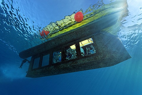 People waving from the yellow submarine Sinbad, Makadi Bay, Hurghada, Egypt, Red Sea, Africa