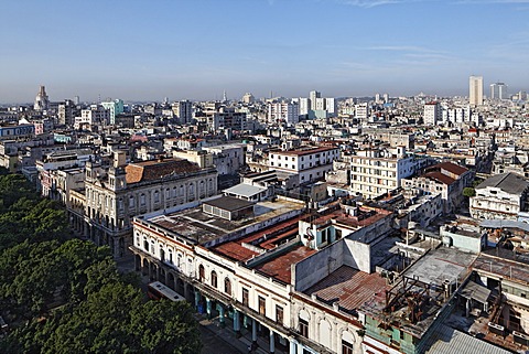 Prado, Paseo de Marti, tree-lined boulevard, panoramic view over the rooftops of Havana, Villa San Cristobal de La Habana, La Habana, Havana, old town, UNESCO World Heritage Site, Republic of Cuba, Caribbean, Central America