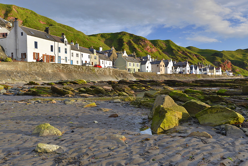 Algae-covered rocks at low tide and houses in the Seatown area of Gardenstown, Banffshire, Scotland, United Kingdom, Europe