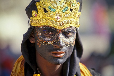 Young man dressed as the Hindu shepherd god Krishna, portrait, Kumbh or Kumbha Mela, Haridwar, Uttarakhand, formerly Uttaranchal, Indian Himalayas, North India, India, Asia