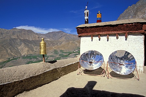 Water is heated using solar energy, Lingshed Monastery, Zanskar, Ladakh, Jammu and Kashmir, North India, India, Indian Himalayas, Asia