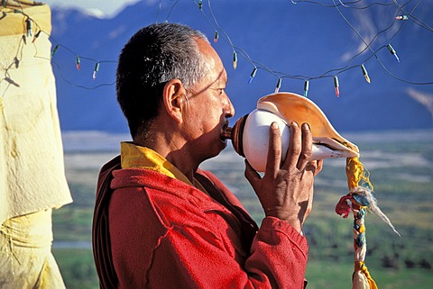 Monk blowing conch shell, Deskit or Diskit Monastery, Gompa, Hunder, Nubra Valley, Ladakh, Indian Himalayas, Jammu and Kashmir, North India, India, Asia