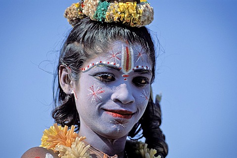 Boy disguised as God Shiva with blue face paint, portrait, Hampi, Vijayanagar, Karnataka, southern India, India, Asia