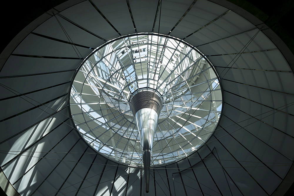 Interior shot of the glass dome of the Reichstag Building looking up from the plenary hall, Berlin, Germany, Europe