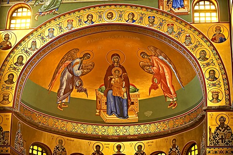 Reconstructed Byzantine style frescos of the 4th century AD, 3-aisled Romanesque basilica of Saint Demetrius, or Hagios Demetrios,             a Palaeochristian and Byzantine Monument of Thessaloniki, UNESCO World Heritage Site, Greece, Europe